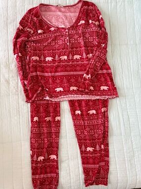LOFT Sleep Women’s Large Red Polar Bear Fair Isle Pajama Set Holiday PJ